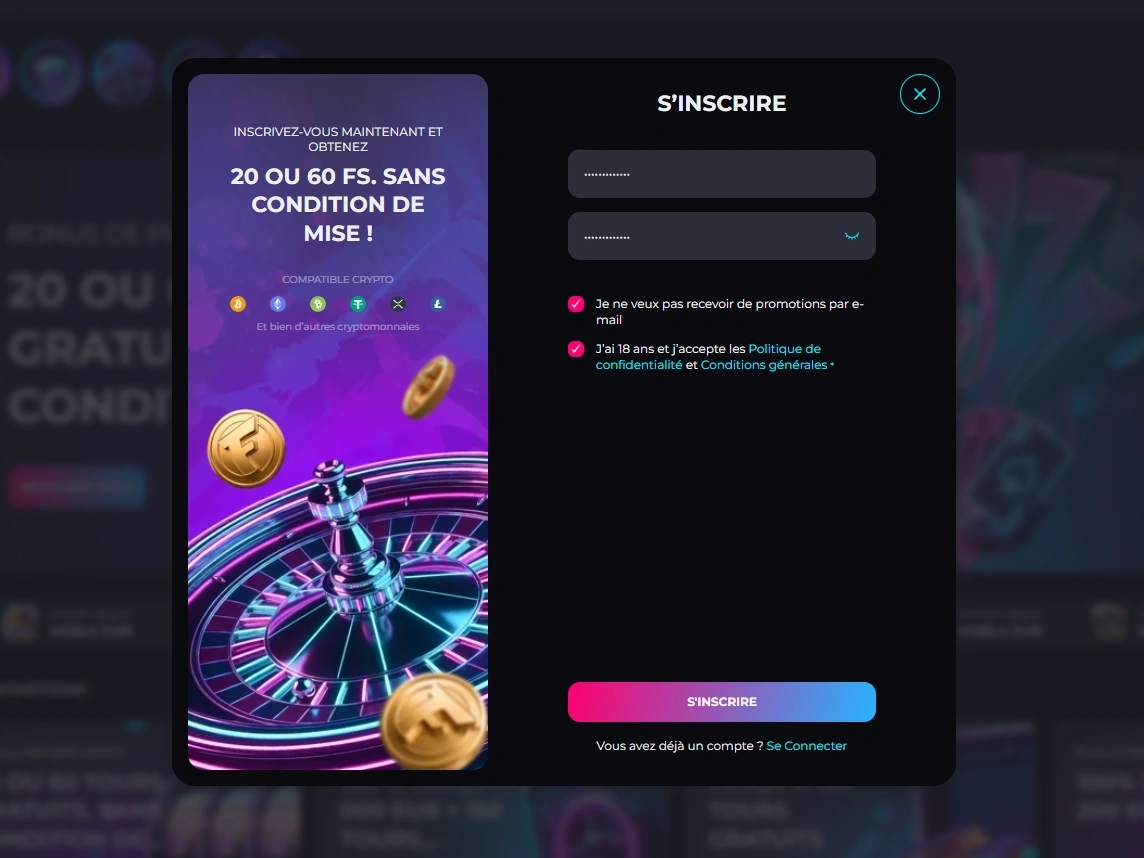 Fenêtre S’inscrire avec champs de connexion, case 18 ans et bonus crypto visible