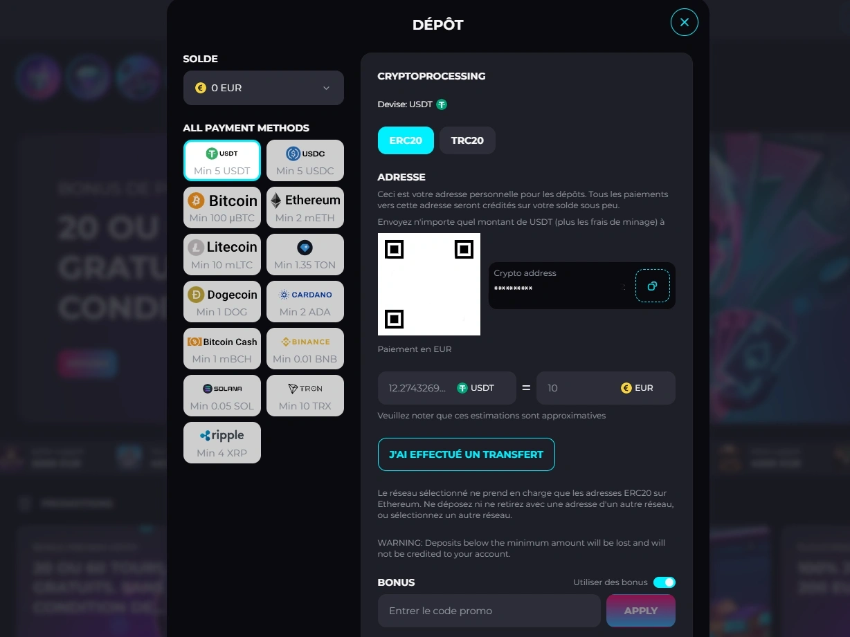 Caisse de dépôt crypto avec QR code, adresse et bouton de confirmation de transfert